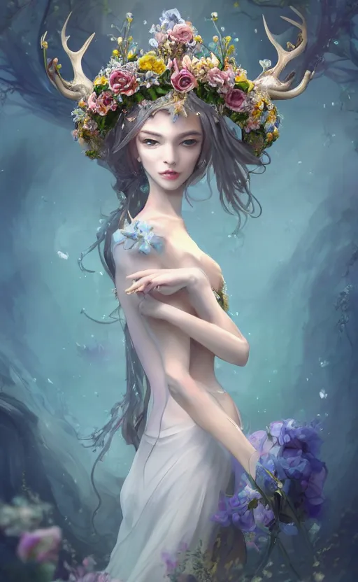 Prompt: A beautiful fantasy empress, full body, just one head, flower tiara, long hair, wearing dramatic aristocrat robe, delicate figure, field of fantasy flowers, foxes and deer, epic composition, ultra wide-shot, dynamic pose, concept art, beautifully lit, digital painting, smooth, character design, sharp focus, elegant, intricate, trending on artstation, by WLOP and James Jean and Victo Ngai