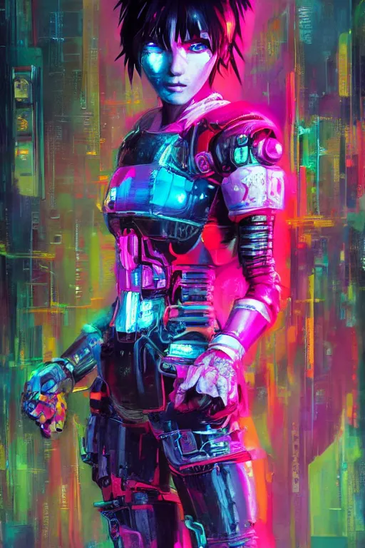 Prompt: a character wearing a diy costume with a lot of details, with fluo colored details, muted colors, ghost in the shell, satoshi con, hyper real painting