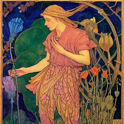 Prompt: the flower prince, by Annie Swynnerton!!!! and Nicholas Roerich! and (Edmund Dulac) and ((((Diego Rivera)))), bioluminescent skin, floral tattoos, elaborate costume, geometric ornament, symbolist, rich colors, dramatic lighting, smooth, sharp focus, extremely detailed