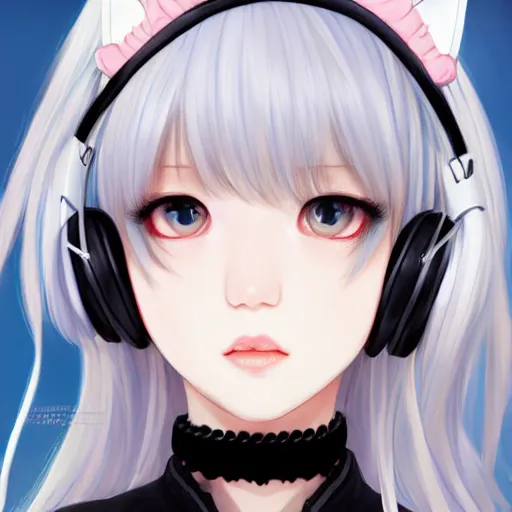 Image similar to realistic detailed semirealism beautiful gorgeous buxom hot girl natural cute excited happy realistic Blackpink Lalisa Manoban white hair white cat ears blue eyes, wearing apron, headphones, black leather choker realistic artwork drawn full HD 4K high resolution quality artstyle professional artists WLOP, Aztodio, Taejune Kim, Guweiz, Pixiv, Instagram, Artstation