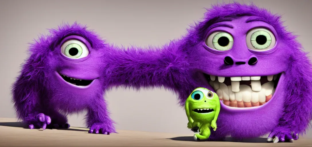 Image similar to a purple monster which is adorable, pixar, 4k, 100mm, full monster in frame