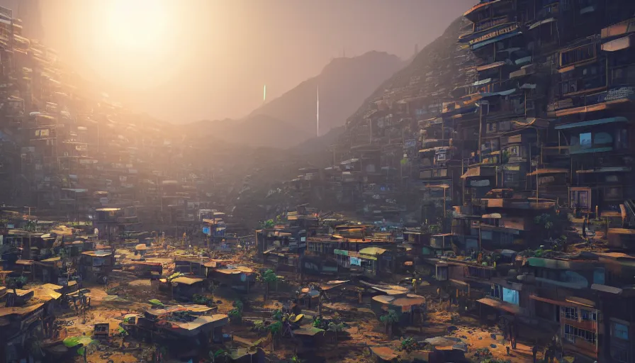 Image similar to Bright Thin Pillars Shoot out of cracks in the ground and illuminate it in a glow, Futuristic Favela, Hyperrealistic Rendering, Photorealism, Raytracing, Anamorphic Lens, Artstation