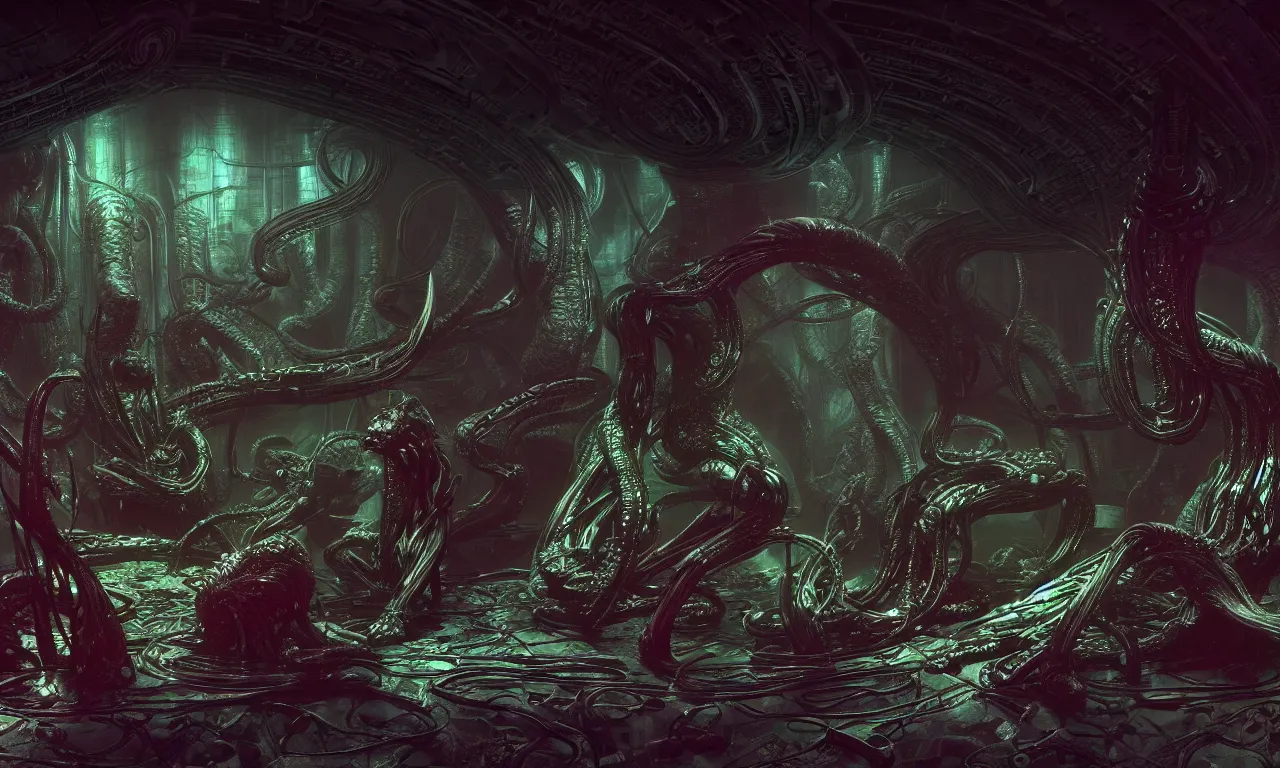 Image similar to Prometheus biological sci-fi environment set in a nightmarish universe of odd forms and somber tapestry, HR Giger and Vincent Di Fate, vivid color scheme, featured in artstation, octane render, cinematic, elegant, intricate, 8k