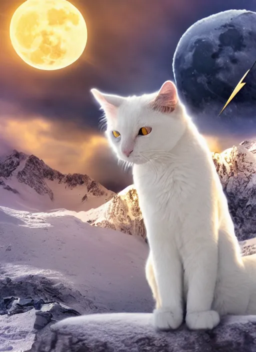 Image similar to giant white cat on a snowy mountain with lightning coming out of its paws, blue sky background with moon