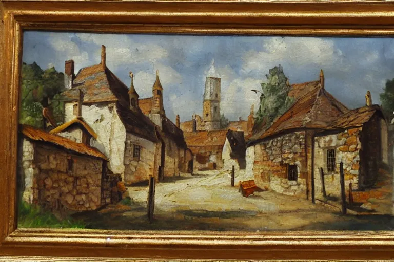 Image similar to old village, middle ages, oil painting, oil in canvas, brushstrokes