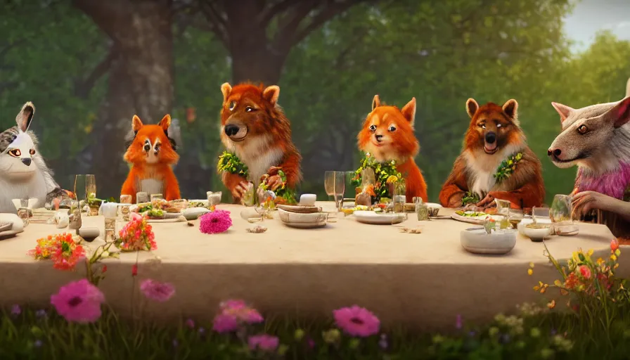 Prompt: a table dinner of cute animals where animals are dressed like the characters from the midsommar movie wearing flowers, realistic detailed digital art by maxwell boas jessica rossier christian dimitrov anton fadeev trending on artstation cgsociety rendered in unreal engine 4 k hq