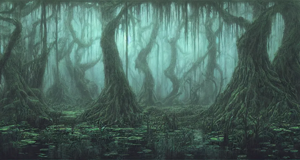 Image similar to A dense and dark enchanted forest with a swamp, by john howe