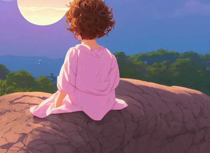 Image similar to a little girl with short wavy curly light brown hair sitting on a rock. background is a pink and blue sunrise sky. clean cel shaded vector art. shutterstock. behance hd by lois van baarle, artgerm, helen huang, by makoto shinkai and ilya kuvshinov, rossdraws, illustration, art by ilya kuvshinov