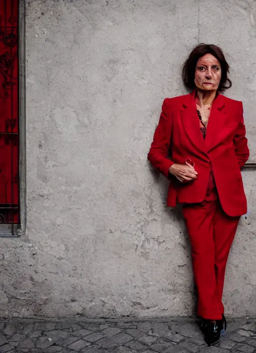 Prompt: portrait of beautiful 40-years-old Italian woman, wearing a red outfit, well-groomed model, candid street portrait in the style of Martin Schoeller award winning, Sony a7R
