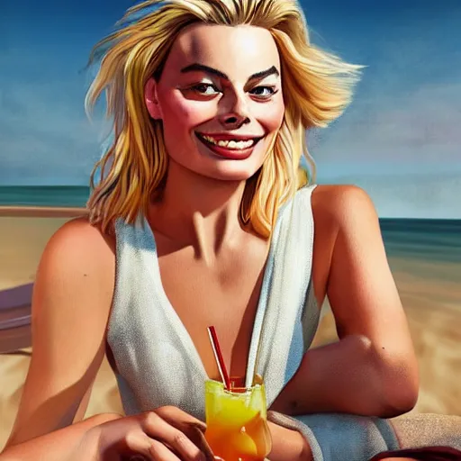 Image similar to a portrait of margot robbie holding a coctail on the beach, beautiful face, highly detailed, digital art