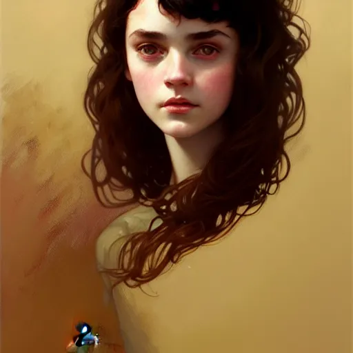 Image similar to portrait of a welsh teenage girl with brown hair, glowing skin, delicate features, amelie poulain, fantasy, intricate, elegant, dress shirt, highly detailed, digital painting, artstation, concept art, smooth, sharp focus, illustration, art by Krenz Cushart and Artem Demura and alphonse mucha