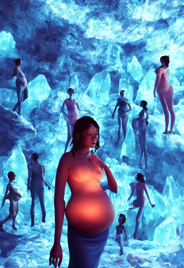 Image similar to epic leader pregnant woman talking to all her tribe with futuristic fluorescence, proud people looking at the pregnant woman, ice cave, facinating, fantasy digital art, octane render, beautiful composition, trending on artstation, coherent, masterpiece, photorealistic