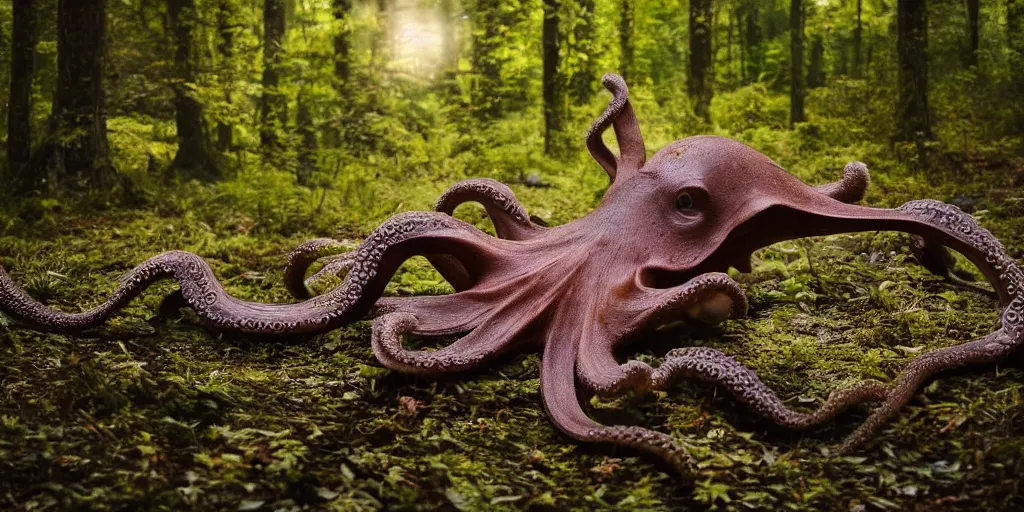 Image similar to a huge octopus in the middle of a forest, beautiful ambient light, 8k photography