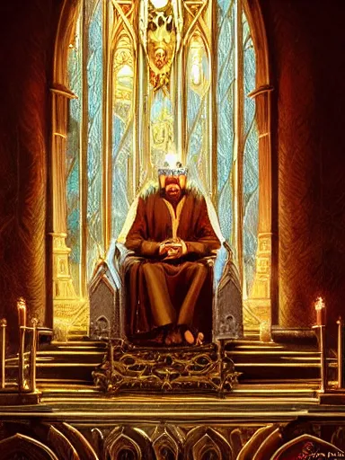 Image similar to the hierophant siting in his throne, talking to his cathedral congregation. intricate, elegant, highly detailed, digital painting, artstation, concept art, sharp focus, illustration, by justin gerard and artgerm, 8 k