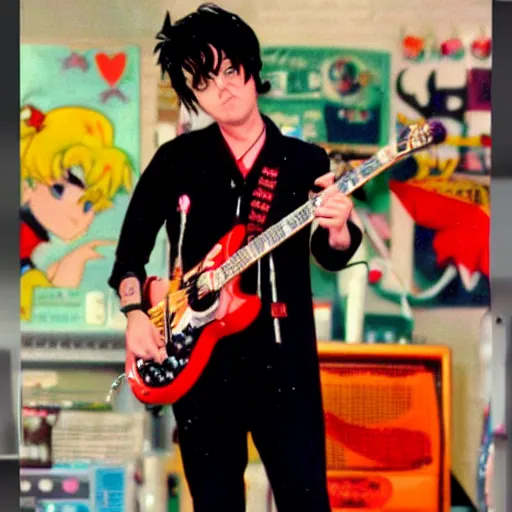 Image similar to A sceenshot of Billie Joe Armstrong in Sailor Moon, vhs quality,