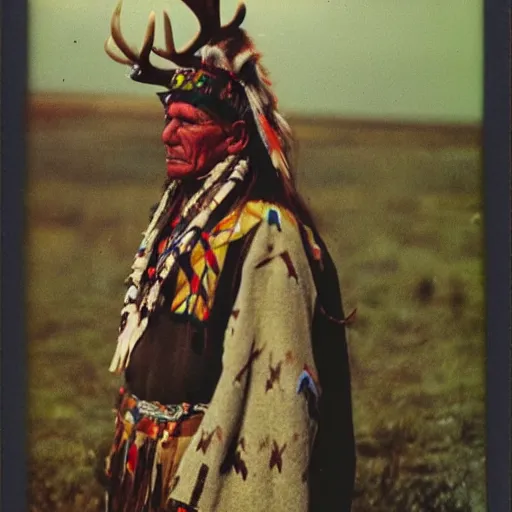 Prompt: color polaroid photograph of a neolithic shaman wearing a deer antler headdress