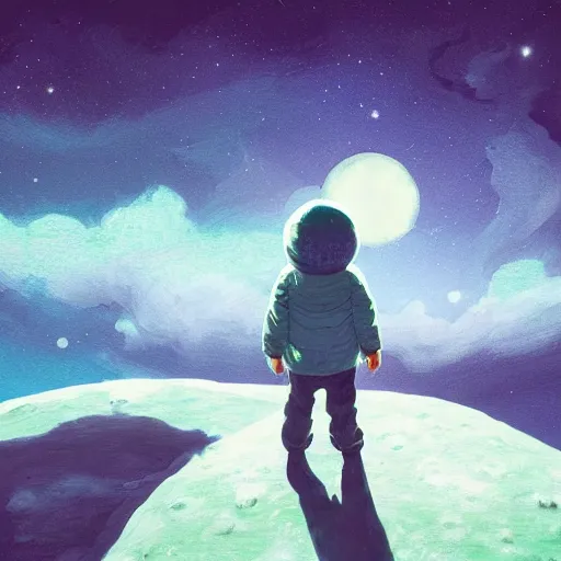 Image similar to a little boy with a blue scarf sits on the moon and looks into the warm abyss of space, he dreams of a terminal future, surreal photography, moon light, dark night, dramatic, impressionist painting, clouds, digital painting, artstation, simon stalenhag