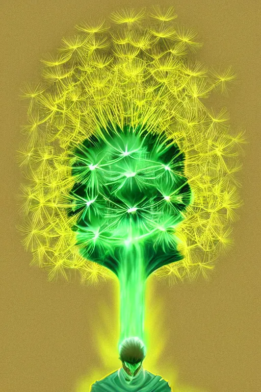 Prompt: nuclear mushroom cloud dandelion male anime character, symmetrical, highly detailed, digital art, sharp focus, trending on art station, green eyes, glowing radioactive colours