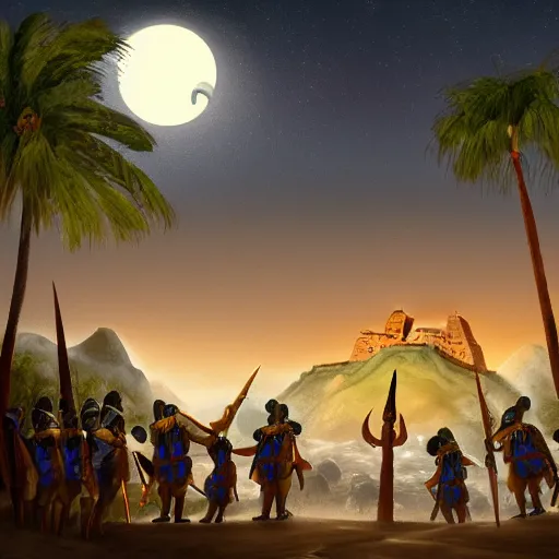 Image similar to A group of armoured Spanish conquistadors holding torches on a sandy beach Cove in middle of a magical forest in a dark night. Inca ruins in the background. Pale crescent moon in the sky. detailed digital painting, artstation