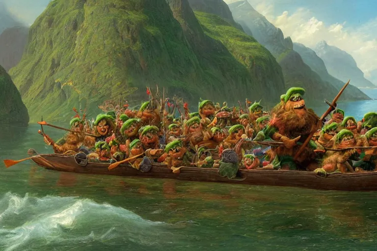 Image similar to a group of green goblins riding on a raft in a norwegian fjord by justin gerard by thomas cole