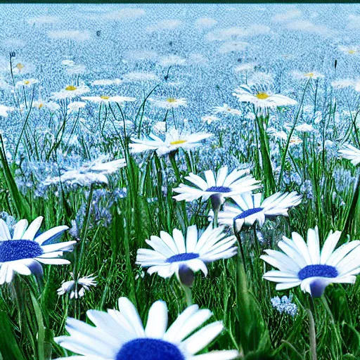 Image similar to field of light blue and white daisies, matte painting