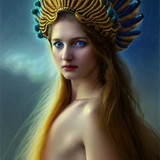 Image similar to young poppy goddess, portrait, blue eyes, beautiful face, long hair, emotionally evoking symbolic metaphor, head in focus, fantasy, ornamental, intricate, elegant, sensual, highly detailed, digital painting, artstation, concept art, smooth, golden ratio, sharp focus, illustration, art by John Collier and Krenz Cushart and Artem Demura and and Greg Rutkowski and Alphonse Mucha and Albert Aublet