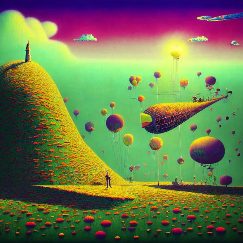 Image similar to surreal glimpse into other universe, zeppelin, island, summer morning, very coherent and colorful high contrast, art by! gediminas pranckevicius! geof darrow, pastel color, volumetric lighting, cinematic, floralpunk screen printing woodblock, dark shadows, hard lighting, stippling art