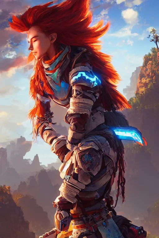 Image similar to combination suit armor aloy horizon forbidden west horizon zero dawn radiating a glowing aura global illumination ray tracing hdr fanart arstation by ian pesty and alena aenami artworks in 4 k tribal robot ninja mask helmet backpack