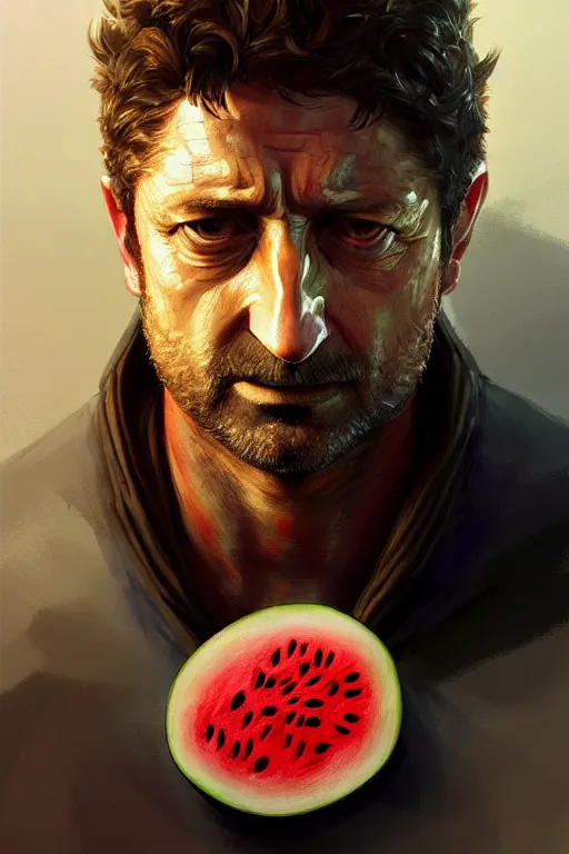 Image similar to portrait of a watermelon gerard butler, greek, intricate, headshot, key visual, conceptart, ambient lighting, highly detailed, digital painting, artstation, concept art, sharp focus, by makoto shinkai and akihiko yoshida and greg manchess