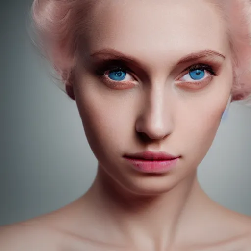 Prompt: woman with porcelain skin, pale eyes, pale pink lips. portrait, high - key, 4 k, photography