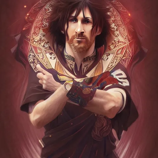 Image similar to lionel messi as an anime character, d & d, fantasy, intricate, elegant, highly detailed, digital painting, artstation, concept art, matte, sharp focus, illustration, art by artgerm and greg rutkowski and alphonse mucha