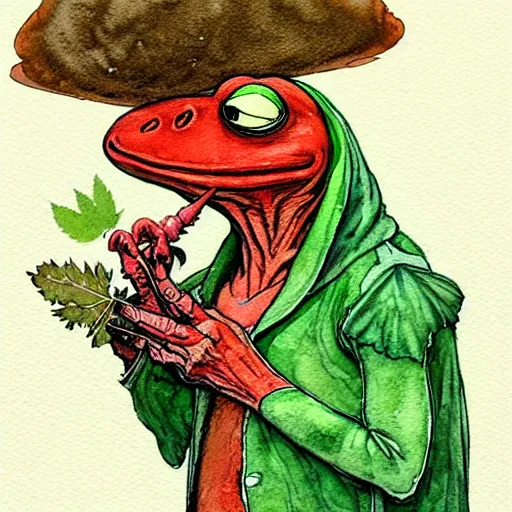 Image similar to a realistic and atmospheric watercolour fantasy character concept art portrait of kermit with red eyes smoking a huge blunt looking at the camera with a pot leaf nearby by rebecca guay, michael kaluta, charles vess and jean moebius giraud