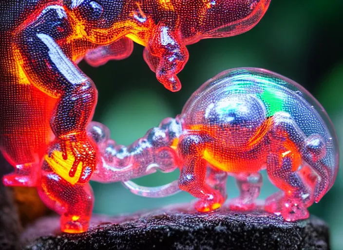 Image similar to photo of a translucent clear chibi style baby dinosaur made out of clear plastic, but has red hypercolor glowing electric energy inside its body, in the forest. fantasy magic style. highly detailed 8 k. intricate. nikon d 8 5 0 3 0 0 mm. award winning photography. design by pixar