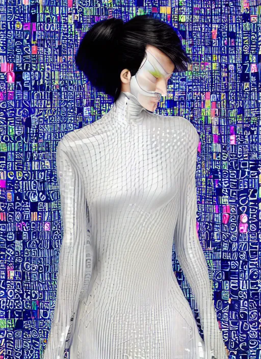 Image similar to a digital portrait of an european girl detailed features wearing a cyber kimono latex suit wedding dress - synthetic materials, by issey miyake by ichiro tanida and mitsuo katsui