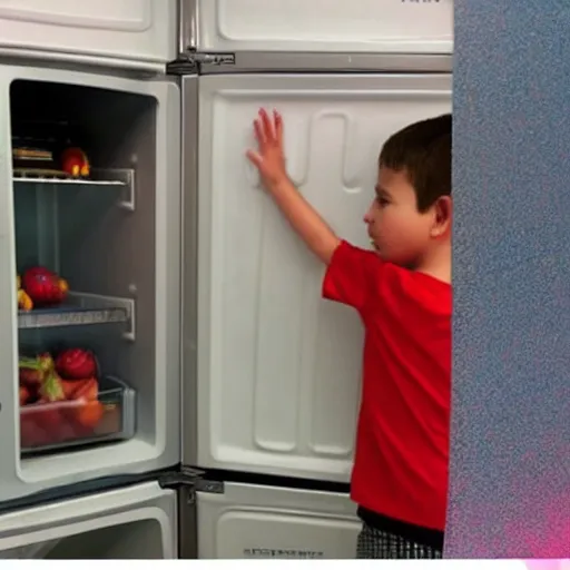 Image similar to a young kid opening a fridge door which is actually a portal into another dimension