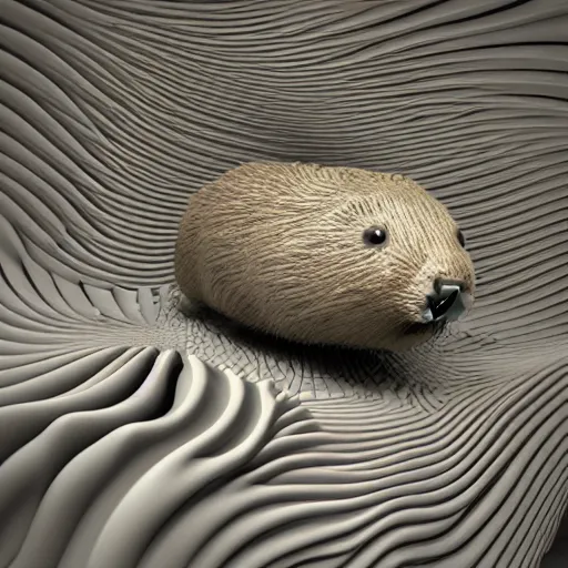 Image similar to hyperrealism computer simulation visualisation parallel universe beavers by caravaggio in style of mandelbulb 3 d and voxel graphics rendered in blender and octane render