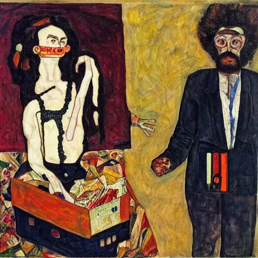 Prompt: Moodymann browsing a crate of records, oil on canvas, by Egon Schiele, Otto Dix, Frida Kahlo