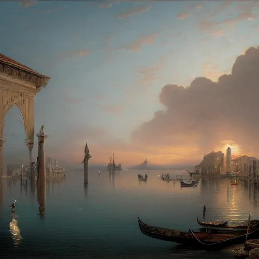 Image similar to a large serene beautiful matte painting of a large venetian harbor upon a calm bay, by asher brown durand and greg rutkowski, featured on artstation