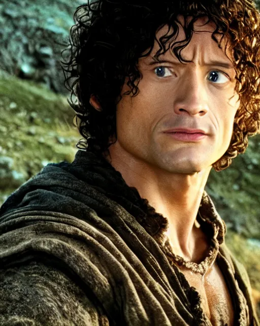 Image similar to film still close up shot of dwayne johnson as frodo baggins in the movie the lord of the rings. photographic, photography