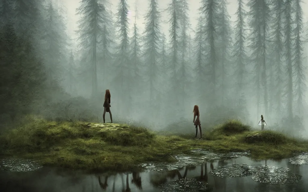 Prompt: a girl with a fishtail for legs, on a rock in a pond in the middle of the forest, fir trees, moss, fog, dramatic atmosphere, highly detailed, cinematic lighting, perfect composition artem demura