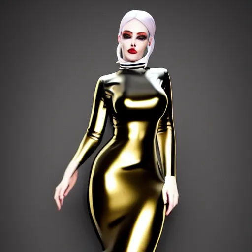 Prompt: a curvy pale hot young goth woman wearing an elegant modest tight shiny gold-silver-black striped latex high-neck dress, cgsociety, photorealistic, sublime-cool-hyperadvanced-dark-amorous ambience, 16k, smooth, sharp focus, trending on ArtStation, volumetric lighting, fully clothed, thin waist