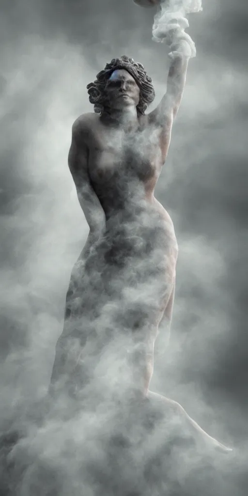 Image similar to a goddess with many arms obscured by whisps of smoke and dust particles, highly detailed, hyperrealism, octane render