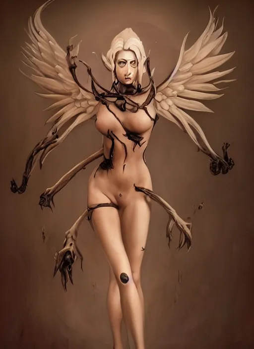 Image similar to dark full body painting of mercy from overwatch, in style of zdzisław beksinski, scary, horror, 4 k, feminine facial features, overwatch mercy character, horror, body horror, disturbing, detailed face, dressed in dark garment, black tendrils, tall,