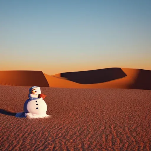 Image similar to a snowman is lost in the desert at sunset, he’s next to a sandcastle, beautiful photography, 8k, ambient light