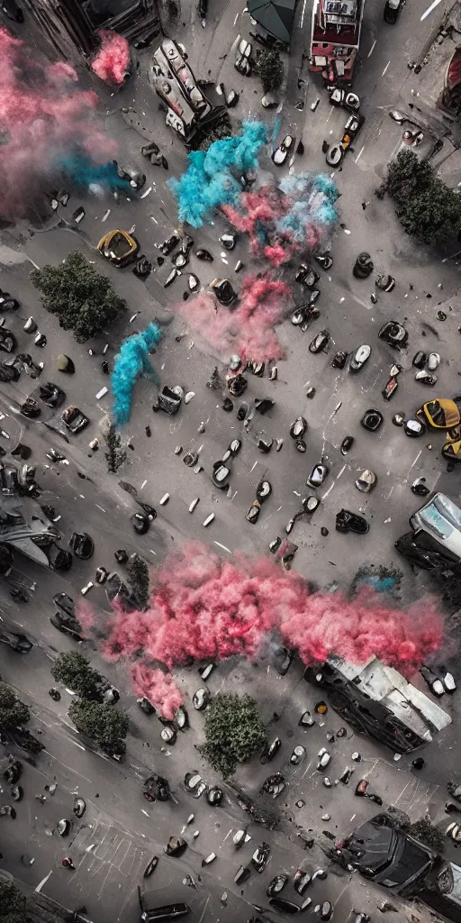 Image similar to post - apocalyptic kreuzberg streets covered in colorful smoke, burned cars, explosions, hyperrealistic, gritty, damaged, drone photography, photorealistic, high details