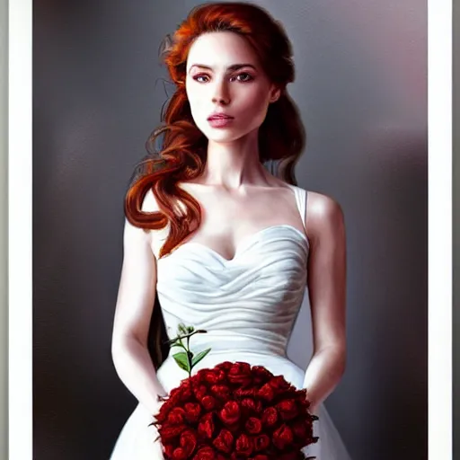 Image similar to portrait of a gorgeous woman holding a bouquet of roses in the style of stefan kostic, auburn hair, realistic, sharp focus, intricate, white dress, elegant, insanely detailed, 8 k high definition, art by artgerm, mark hill