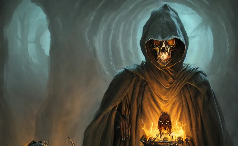 Image similar to portrait of a humanoid rat sorcerer with a rat skull face, laser eyes in the rat skull, dark hooded sorcerer robes, fantasy, d & d, greg rutkowski, frank frazetta, intricately detailed, impressive lighting, misty environment, holding a blue fire in each hand, power stance, ultimate power, doom, 8 k hdr