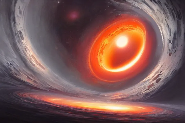 Image similar to a beautiful oil painting of the event horizon of a black hole, orange, warping, detailed, beautiful, awe - inspiring, bright, by greg rutkowski, trending on artstation