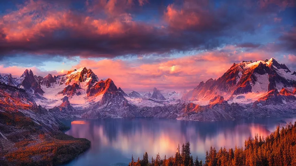 Image similar to amazing landscape photo of mountains with lake in sunset by marc adamus, beautiful dramatic lighting