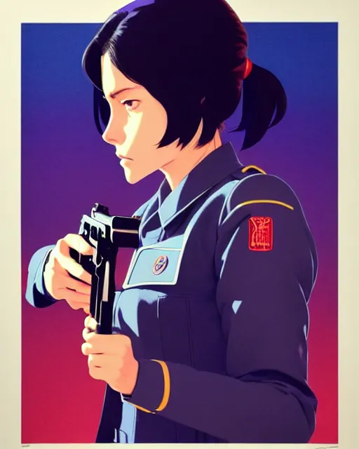 Image similar to girl wearing uniform, holding pistol at side, side view, looking down | | audrey plaza, fine detail!! anime!! realistic shaded lighting!! poster by ilya kuvshinov katsuhiro otomo ghost - in - the - shell, magali villeneuve, artgerm, jeremy lipkin and michael garmash and rob rey